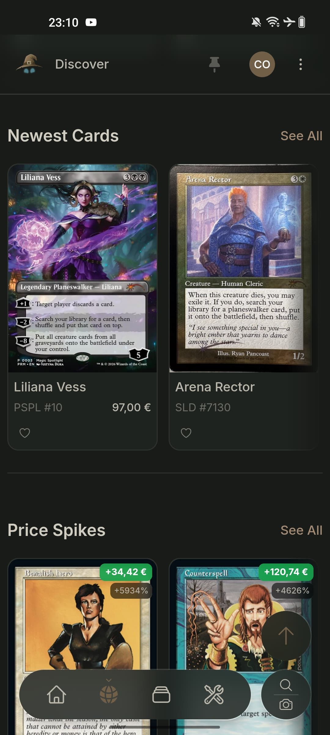 Discover page with newest cards and price spikes