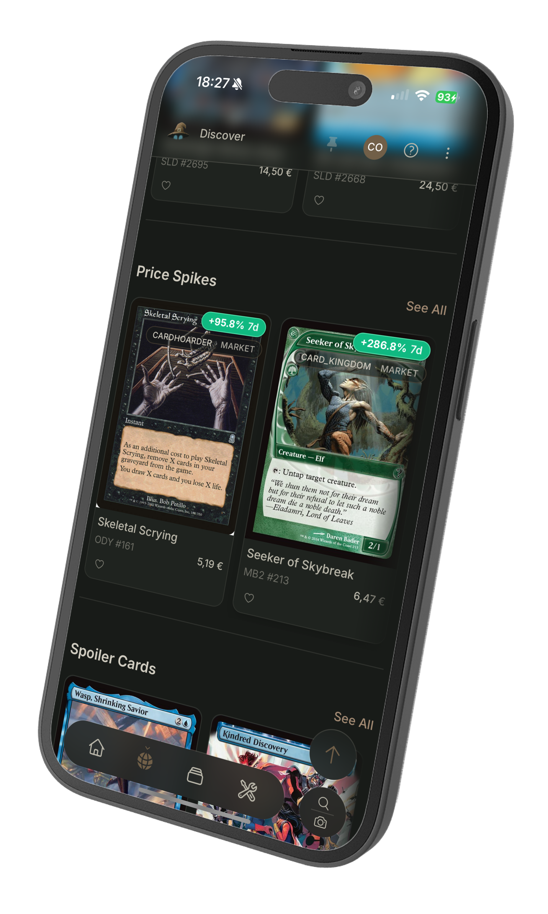 MTG price spikes tracked in Grimoria's Discover feed