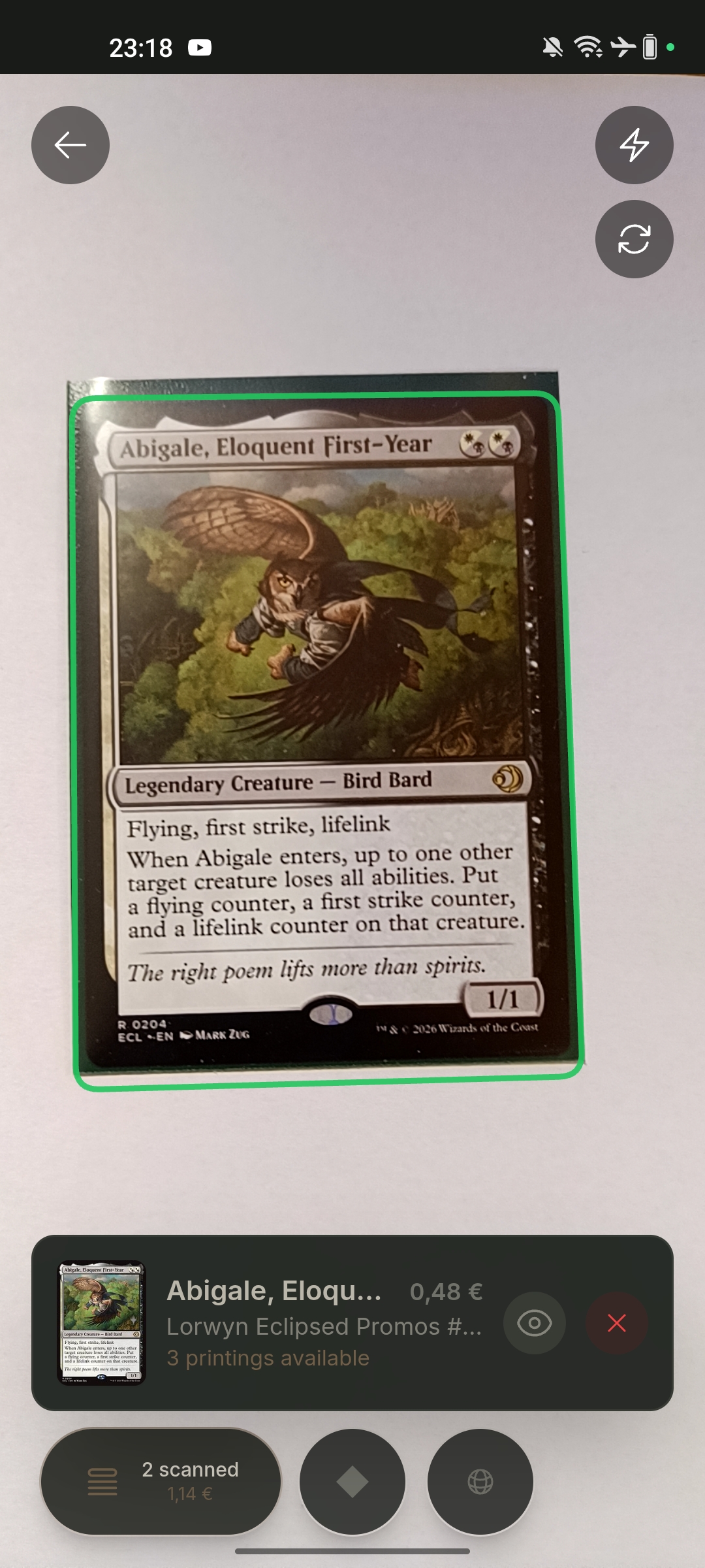 Grimoria camera scanner identifying a Magic: The Gathering card
